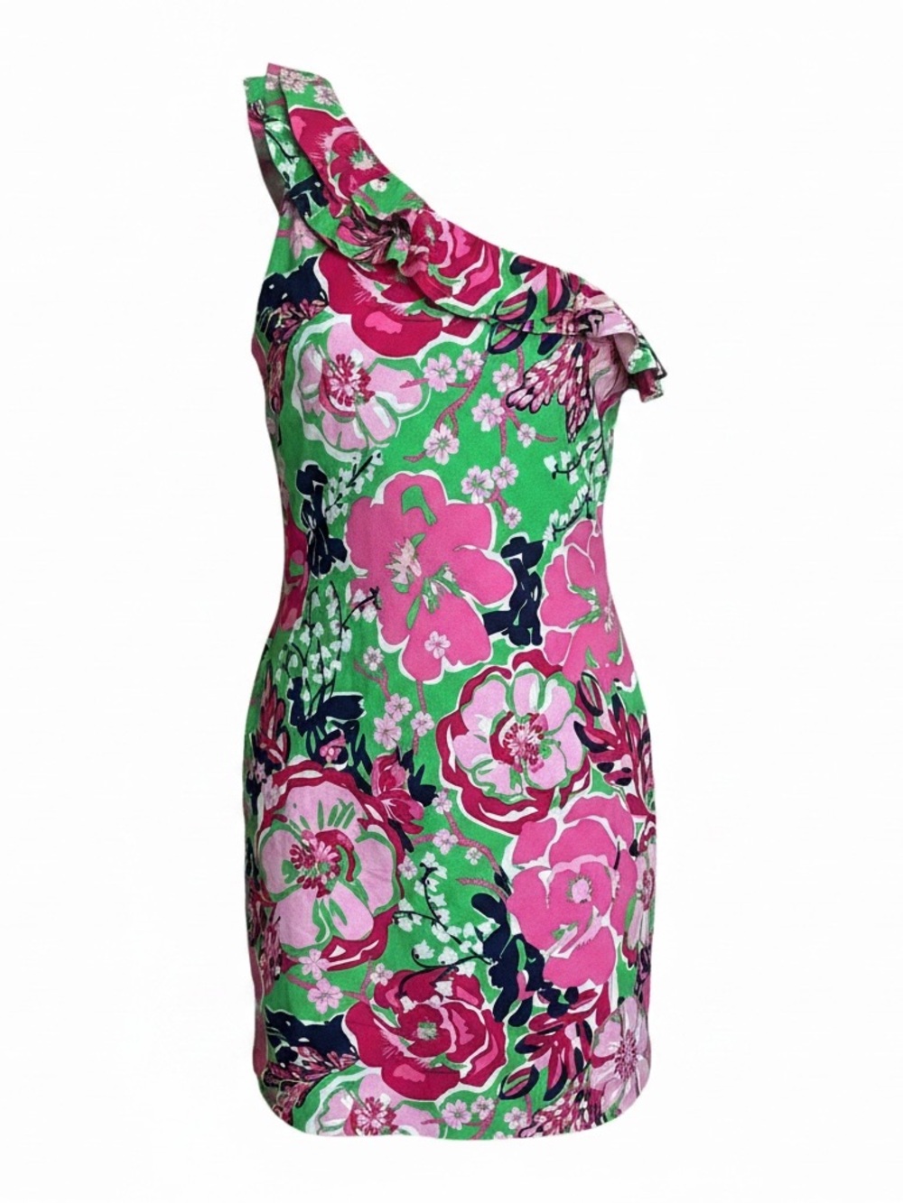 Lilly Pulitzer “Whinnie” One Shoulder Ruffle Floral Shift Dress Pink Green Silk